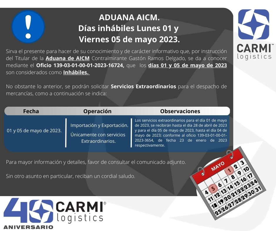 ADUANA AICM - Días Inhábiles Lunes 01 y Viernes 05 de Mayo de 2023